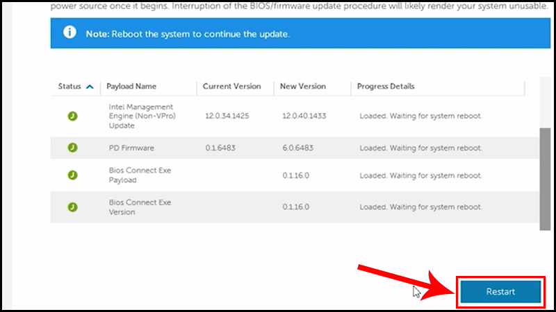 Khởi động lại m&aacute;y t&iacute;nh để ho&agrave;n tất việc n&acirc;ng cấp BIOS